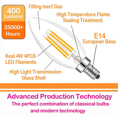 Diagram explaining features of LED Filament E14 Candle Light Bulb 2700K Warm White, 400 Lumens, 40W Equivalent, C35 Non Dimmable