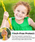 Child on toddler swing seat with coated yellow chains, high back full bucket chair for backyard fun, toddler swing seat.