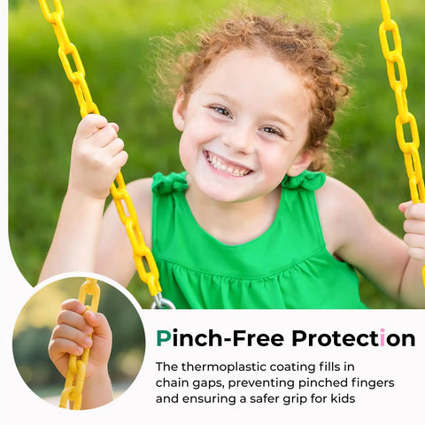 Child on toddler swing seat with coated yellow chains, high back full bucket chair for backyard fun, toddler swing seat.