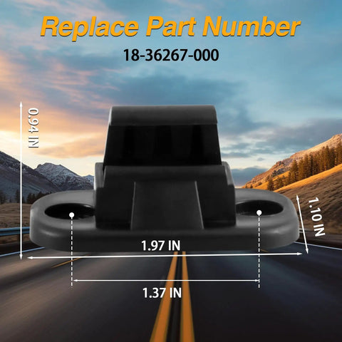 2 Pack Sun Visor Retainer Clips For Freightliner Cascadia 2009 Through 2020 And Freightliner M2 106 2008 Through 2020 2022 Replacement 18-36267-000 shown on road background; dimensions labeled.