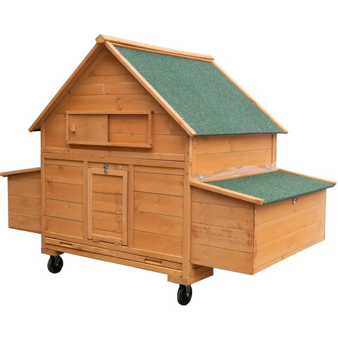 Mobile Wooden Chicken Coop On Wheels For Four To Six Chickens, Large Outdoor Hen House With Nesting Box and Green Roof