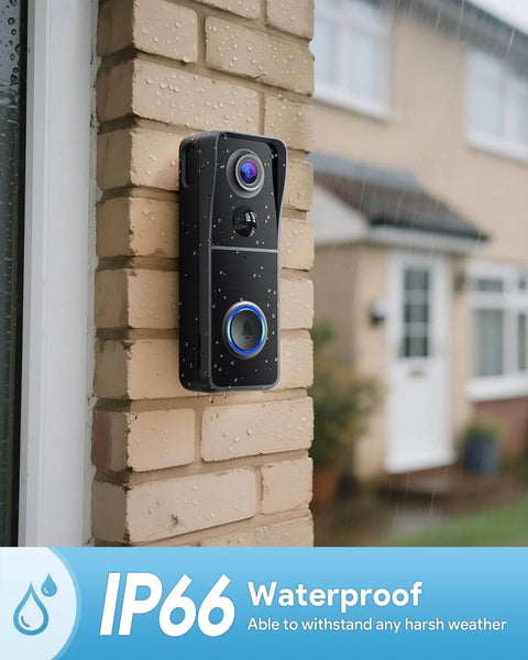 Wireless 2K HD Doorbell Camera With Ring Chime, No Wires Needed installed on brick, IP66 Waterproof, rainy day view
