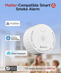 Matter Enabled Smart Smoke Detector leveraging local Thread connectivity on a blurred background with family.