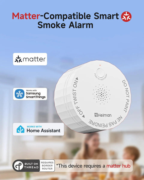 Matter Enabled Smart Smoke Detector leveraging local Thread connectivity on a blurred background with family.