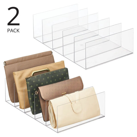 Divided Purse Organizer For Closets And Dressers, 5 Compartments To Neatly Stash Purses, Clutches, Wallets, And Accessories, Clear 2 Pack on white background