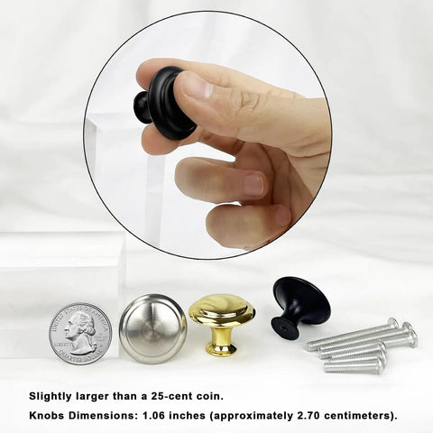 Close-up of 12 Pack Black Aluminum Cabinet Knobs With Screws, Round Drawer Hardware for Kitchen Cabinets, shown near coins