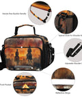 North American Desert Cowboy Insulated Lunch Bag With Buckle Handle And Detachable Adjustable Shoulder Strap Large Capacity Cooler Lunch Box For School Camping And Work BPA Free Easy Carry, showing front pocket and shoulder strap.