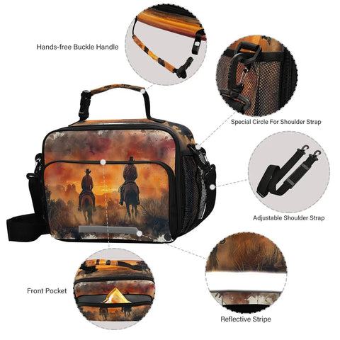 North American Desert Cowboy Insulated Lunch Bag With Buckle Handle And Detachable Adjustable Shoulder Strap Large Capacity Cooler Lunch Box For School Camping And Work BPA Free Easy Carry, showing front pocket and shoulder strap.