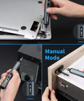 Hands using Mini Electric Screwdriver Kit With 70 In 1 Bits on laptop, PC, and furniture showing manual mode and torque settings.