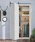 Closet with open bi-fold door using 2.5Ft Bi Folding Sliding Barn Door Hardware Track Kit For Two Doors, Black Roller Kit With J Shape.