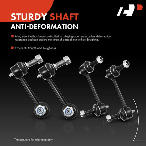 Set Of Four Front And Rear Sway Bar Links Kit Stabilizer Bar Links For Chevy Trailblazer SSR GMC Envoy Buick Rainier Saab 9-7x Isuzu Ascender Oldsmobile Bravada Durable Heavy Duty Direct Fit Replacement displayed with anti-deformation feature and sturdy shaft.