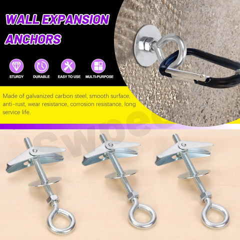15 Piece M6x70mm Eye Bolt Toggle Bolt Kit With Wing Nuts Hex Nuts And Washers Heavy Duty Butterfly Toggle Anchors And Swag Hooks For Hanging Heavy Items On Drywall, showcasing galvanized steel construction and versatility on a beige background.