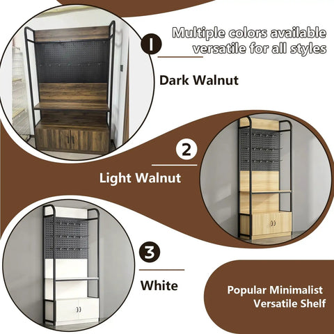 Rock Solid Retail Display Rack With Pegboard And Hooks, Freestanding Store Shelving Stand, Handy Storage Cabinet Below, No Sweat Setup For Boutiques And Convenience Shops, Dark Walnut Finish Game Changer