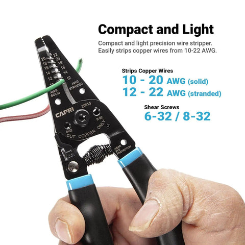 Pro Grade Workhorse Wire Stripper With Built In Cutter For Solid And Stranded Copper Wire 10 To 20 AWG shown in use