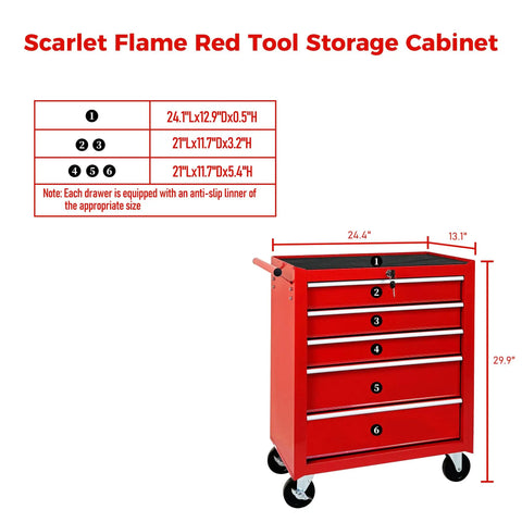Heavy Duty Rolling Tool Chest With Five Drawer Secure Lock And Cushioned Top Rest Spot Designed For Tough Job Sites And Serious Gear Stash Featuring Smooth Roll Brake Wheels And Classic Red Shop Storage, side view with dimensions.