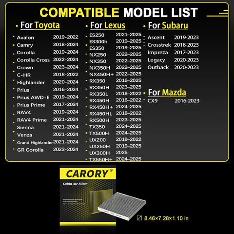 Cabin Air Filter With Activated Carbon For Toyota Camry Corolla RAV4 Prius Highlander Sienna Venza Crown Lexus ES NX RX Subaru Outback Mazda CX 9 And More Now model compatibility chart