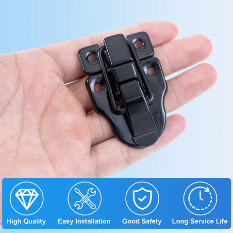Person holding a black durable latch from 2 Pack Small Hasp Latches For Wooden Boxes And Cabinets, Duckbilled Chest Latches For Guitar Cases.