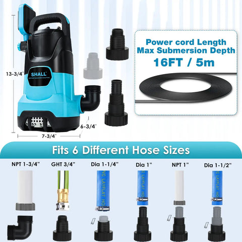 Beast Of A 1HP 750W Submersible Sump Pump With Sliding Filter fittings and hose compatibility shown