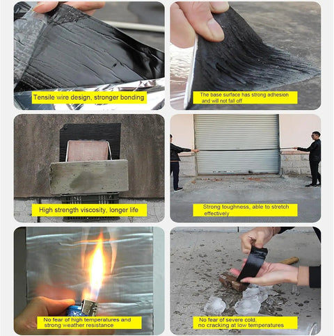 Heavy Duty Waterproof Roof Repair Tape With Self Adhesive Rubber Asphalt Patch To Stop Leaks Cracks In Gutters Windows And RV Awnings Fast 50CM By 7M Roll shown in action with emphasis on strong adhesive and weather resistance.