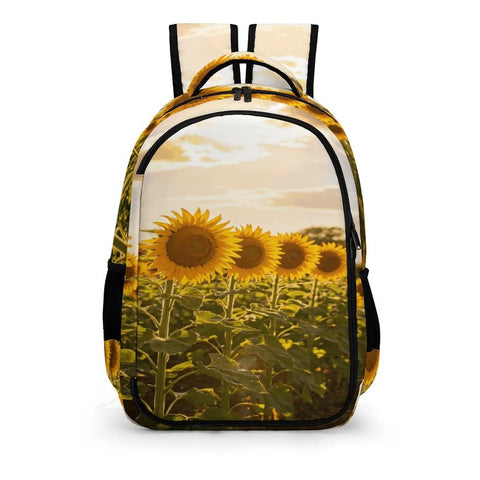 Sunflower Farm Barn Landscape Backpack with sunflowers print, large capacity, durable polyester, stain-resistant, unisex daypack.