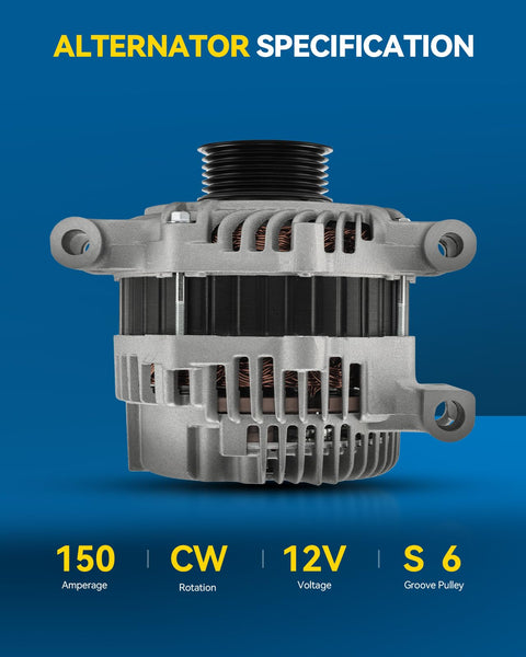 High Amp Alternator For Ford Fusion 2006 2009 3.0L Mercury Milan 2006 2009 3.0L And Lincoln Zephyr 2006 12V 150Amp CW Six Groove Pulley Replaces 11173N front view with specifications on a blue background