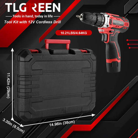 All In One Home Tool Kit With 12V Cordless Drill And Magnetic Bits 138 Piece Set For DIY Repairs And Furniture Assembly Durable Case With Fast Charging Ready To Roll For New Homeowners Red shown with black case and drill.