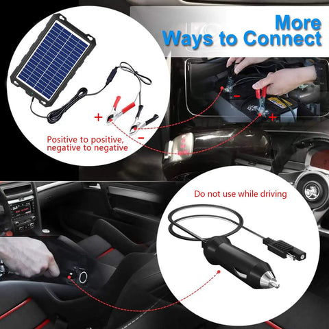 Keep Your Rig Powered Up With This Top Shelf 12V 10W Solar Battery Charger Panel Kit For Cars Trucks Rvs Boats Motorcycles Straight Up Plug Play Setup 12V solar charger panel with car connection options.