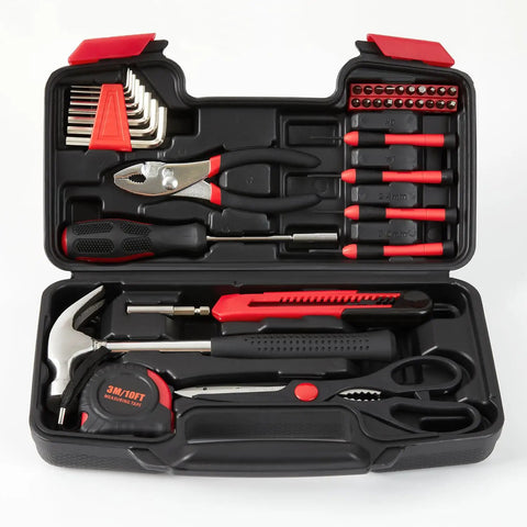 Versatile 39 Piece Tool Set For Home And DIY Needs With Red Storage Case Durable Steel Hand Tools For Home Garage Office Dorm And College Projects Handy For Everyday Repairs And Quick Fixes.