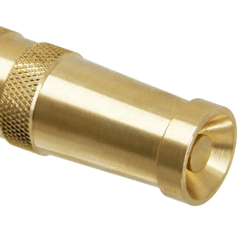 Close-up of a solid brass hose nozzle, part of the Solid Brass Hose Nozzle Set, 2 Pack Heavy Duty Garden Nozzles With 10 Rubber Washers.