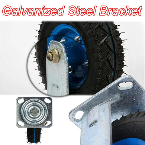 Galvanized Steel Bracket supporting Premium Heavy Duty Fixed Caster Wheels with thick rubber tires and reinforced design.