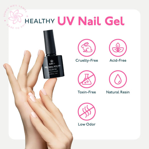 Hands holding gel nail polish from Gel Nail Polish Kit With UV Light For At Home Manicure, cruelty-free and toxin-free features.