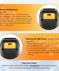 Compact Bluetooth Barcode Scanner for 1D and 2D codes, showing physical power switch and wireless mode indicator.