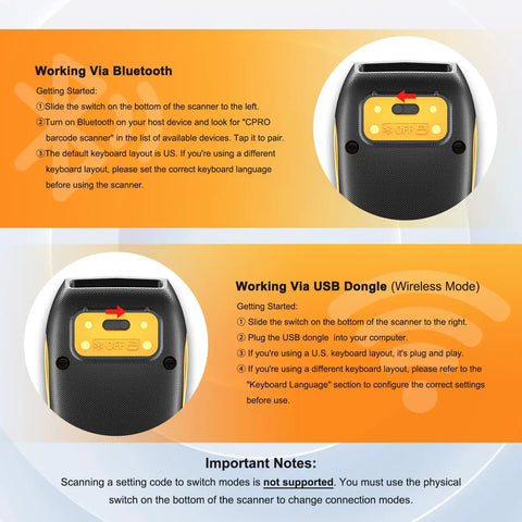 Compact Bluetooth Barcode Scanner for 1D and 2D codes, showing physical power switch and wireless mode indicator.