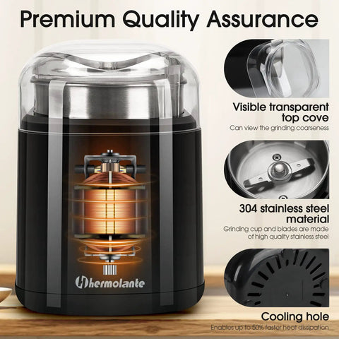 200W Electric Herb Grinder with Stainless Steel Blade, compact design revealing internal components, lightning fast and even grinding