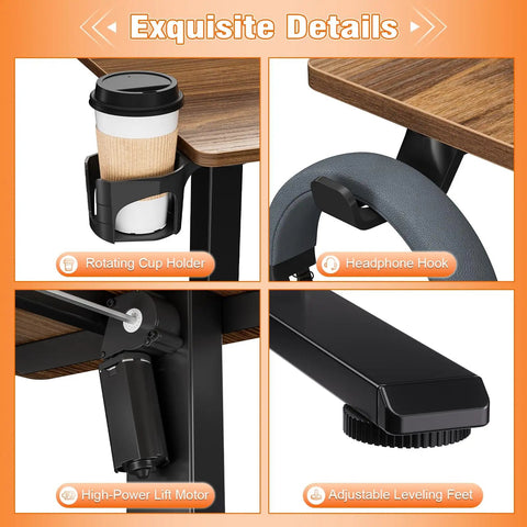 Gaming Stand Up Desk With Led Lights And Drawers Electric Lift Computer Table For Office Workstations featuring rotating cup holder and headphone hook.