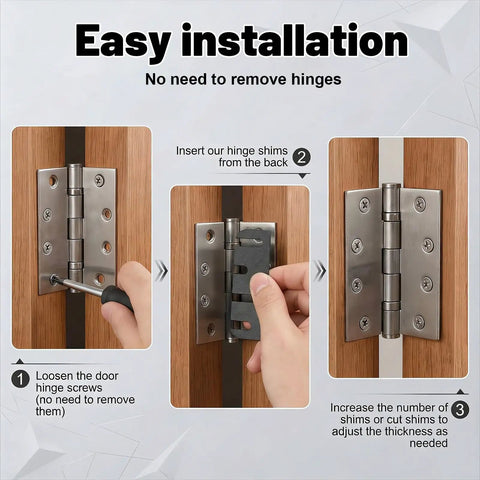Door Hinge Shims Kit for Easy Alignment and Gap Filling, 12 Pcs Adjustable 0.050 Inch Thick Spacers for 4 Inch Hinges, Fix Air Leaks, Prevent Sticking and Misalignment, Trimmable Hinge Spacers for Quick Home Repairs