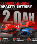 2x2000mAh high capacity battery for Compact 20V Brushless Right Angle Impact Wrench With Half Inch Square Drive Produces 207 Foot Pounds Max Torque.