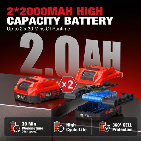 2x2000mAh high capacity battery for Compact 20V Brushless Right Angle Impact Wrench With Half Inch Square Drive Produces 207 Foot Pounds Max Torque.