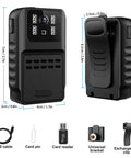 1080P Body Camera With 64GB Memory Waterproof IP64 Wearable Recorder for home and outdoor security, front and back view with accessories
