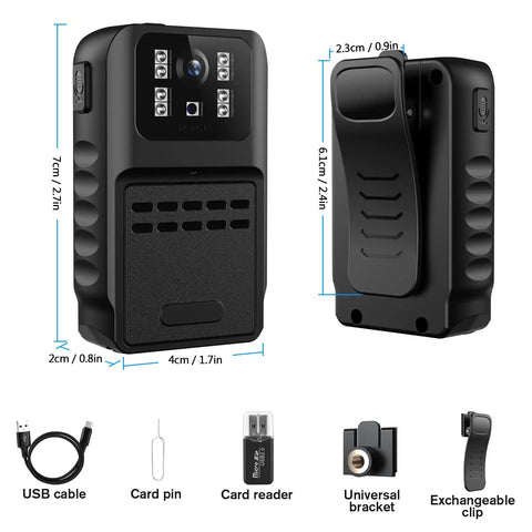1080P Body Camera With 64GB Memory Waterproof IP64 Wearable Recorder for home and outdoor security, front and back view with accessories