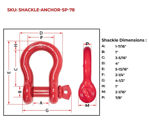 Beefy Seven-Eighth Inch Anchor Shackle Forged Carbon Steel With Alloy Screw Pin, 6.5 Ton Working Load Limit, Heavy Duty D Ring Shackle For Towing Rigging And Vehicle Recovery, Rust Resistant, 4 Pack with dimensions