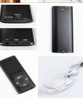 Compact Portable MP3 Player With 1.8 Inch LCD Display and earphones shown, black aluminum body with input ports visible