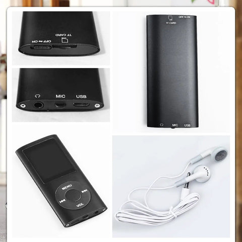 Compact Portable MP3 Player With 1.8 Inch LCD Display and earphones shown, black aluminum body with input ports visible