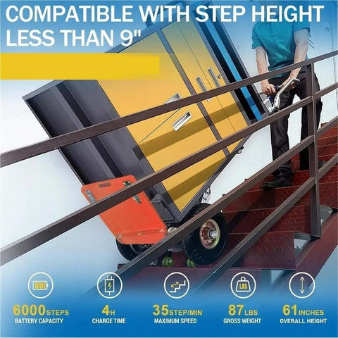 Heavy Duty Electric Stair Climbing Dolly With Powerful 1200W Motor And Smooth Folding Design For Moving Heavy Loads Like A Pro During Tight Moves Or Industrial Grinds Easily on stairs with cabinet.