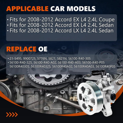 Reliable Power Steering Pump For 2008 To 2012 Honda Accord 2.4L Replacement 21-5495 with engine background and model compatibility