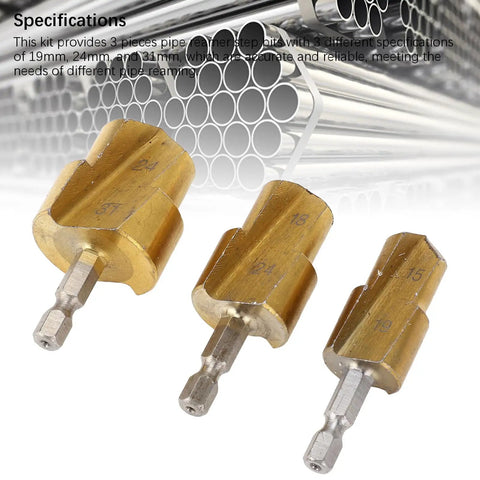 Premium High Carbon Steel Step Drill Bits For PVC And PPR Pipes With Hex Shank 3 Piece Reamer Set Includes Sizes 19mm 24mm And 31mm Perfect Expander Kit. 19mm, 24mm, 31mm pipe reamer bits with hex shank