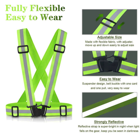 Reflective Running Vest 2 Pack High Visibility Gear For Cycling Jogging Walking with adjustable straps and silver stripes, green.