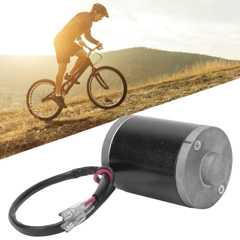 Beefy 24V 100W DC Brushed Motor With Carbon Brushes Aluminum Alloy Housing And Metal Belt Pulley For Electric Scooter And Bike displayed alongside cyclist