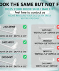 Comparison chart of refrigerator door shelf bars; 240534901 and 240534701 sizes listed, with measurements and fit guide.