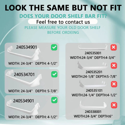 Comparison chart of refrigerator door shelf bars; 240534901 and 240534701 sizes listed, with measurements and fit guide.